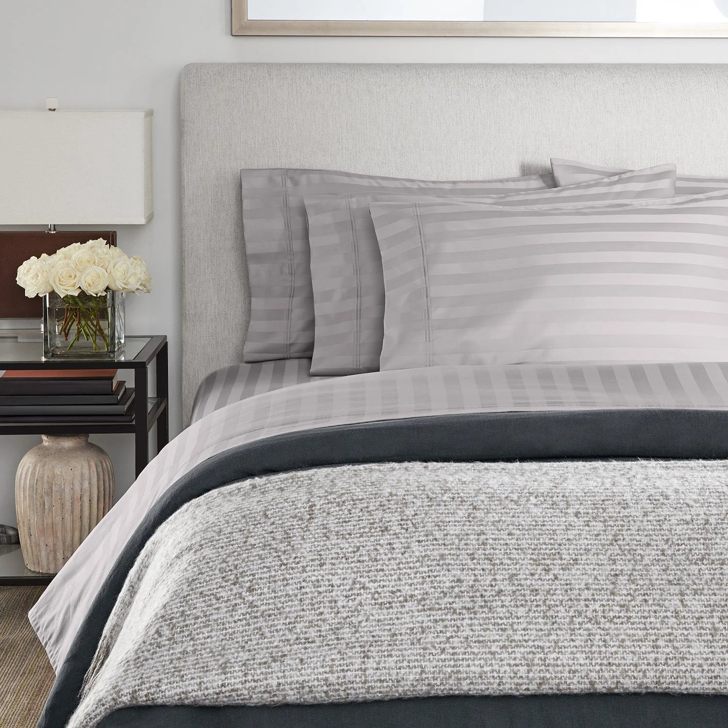 Hotel Premier 700 Thread Ct. Egyptian Cotton Striped 6 Pc Sheet Set, King, Zinc - Bellso